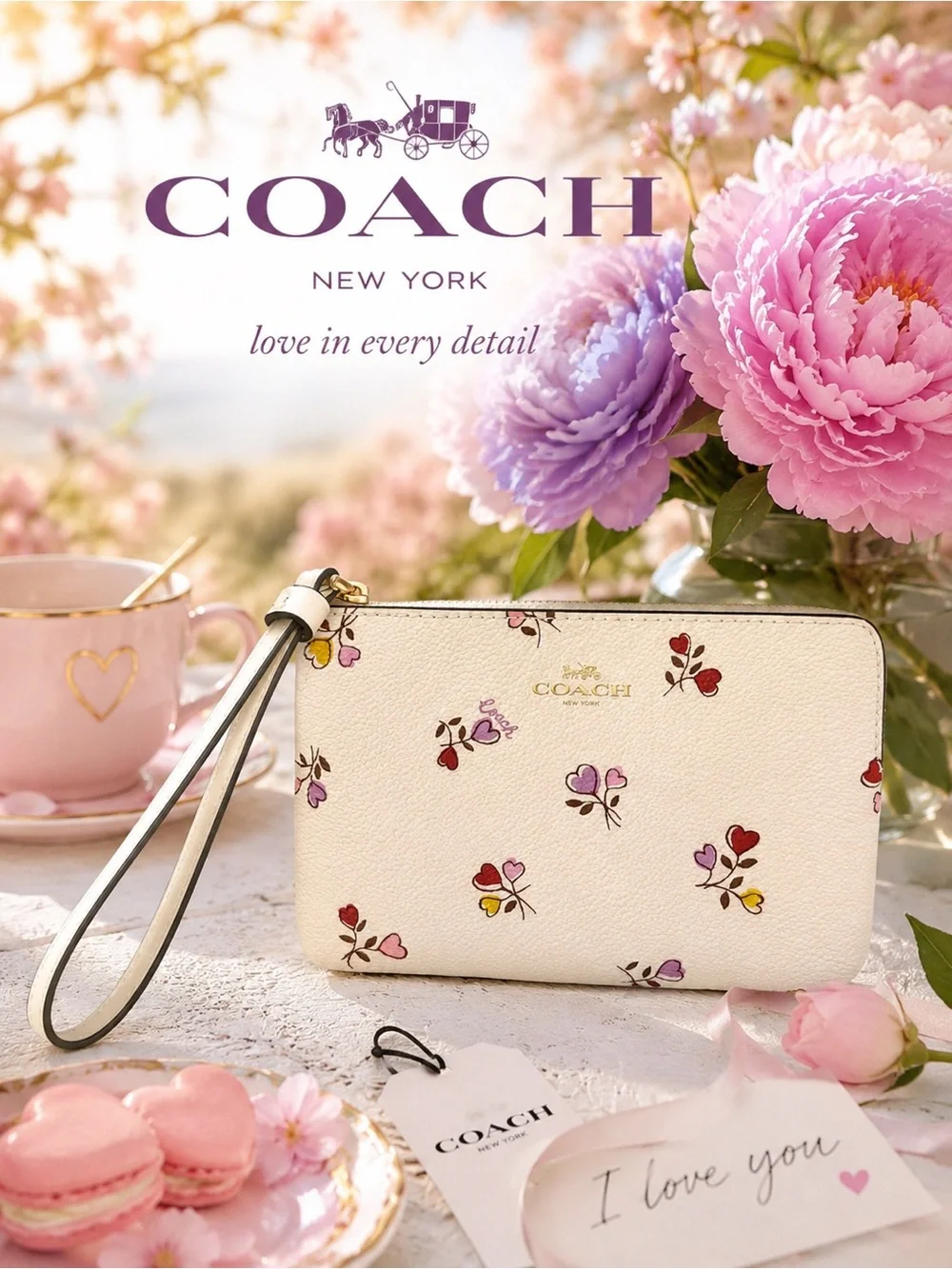 COACH Corner Zip Heart Print Chalk Leather Wristlet with Floral Accents NWT